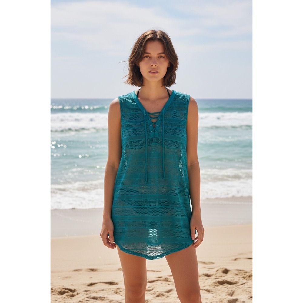 Urban Girl Teal Blue Lace Up Mesh Crochet Knit Sleeveless Beach Cover Up Large L